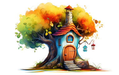 Smiling Tiny Treehouse Vibrant Colors on isolated background
