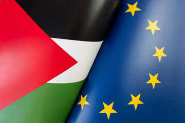 Flags of palestine, European Union. The concept of international relations between countries. The...