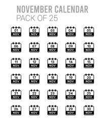 25 November Calendar Lineal Fill icons Pack vector illustration.