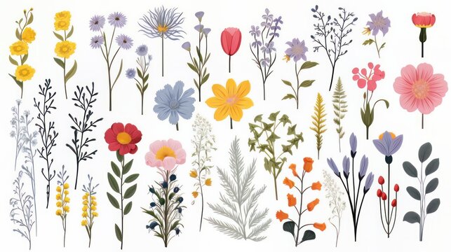 Create a large botanical set of wildflowers, with individual elements that can be combined to form a beautiful watercolor-style bouquet of flowers on a clean white background. Produce a flat vector