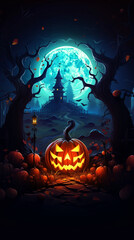 Fototapeta na wymiar Vertical banner or poster party invitation with place for text for Halloween pumpkin with glowing eyes, spooky forest with full moon, Halloween background. 