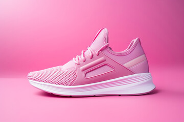 Pink sneaker isolated on pastel pink background, woman sport shoe fashion, sneakers, trainers, sport lifestyle, running concept, product photo, street wear. Simple minimalist fashion footwear