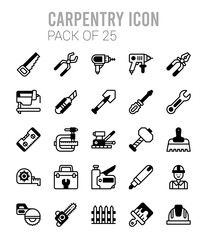25 Carpentry Lineal Fill icons Pack vector illustration.