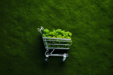 Shop cart with moss on nature background. Green Friday sale, Earth Day, Environment and Eco concept, healthy lifestyle, zero waste, sustainable lifestyle, conscious consumption, eco market trolley