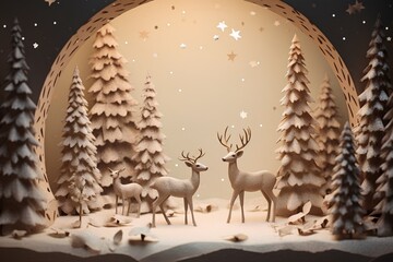 可愛いシカと雪景色（3D）冬
