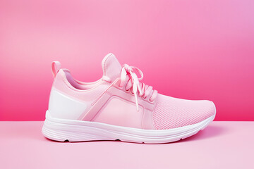 Pink sneaker isolated on pastel pink background, woman sport shoe fashion, sneakers, trainers, sport lifestyle, running concept, product photo, street wear. Simple minimalist fashion footwear - obrazy, fototapety, plakaty