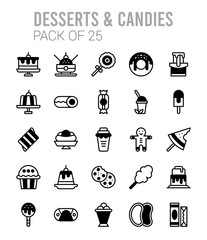 25 Desserts and Candies Lineal Fill icons Pack vector illustration.