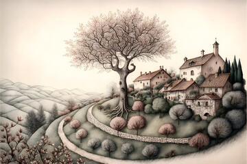 whimsical dotwork and watercolor france landscape 8k 