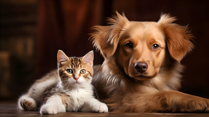 Dog and cat friendship portrait, cute kitten and dog sitting together calmly as friends