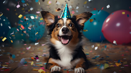 Dog celebrates birthday wearing party hat, confetti all around - obrazy, fototapety, plakaty