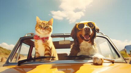 Happy dog and cat peeping out from the car, Summer vacation traveling concept - obrazy, fototapety, plakaty