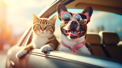 Happy dog and cat look out from the car window, Summer holidays and travel concept