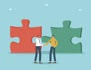 Teamwork to achieve heights in work, strategic planning to achieve common goals, cooperation for fast pace of business development, teamwork for financial growth, men shaking hands near folded puzzles