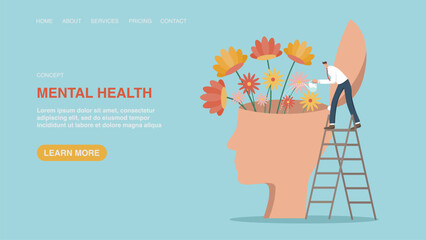 Vector illustration for website or web page, banner with man watering flowers in head. Mental health, healthy mentality, look for inspiration or motivation to achieve goals. Take care of your health.