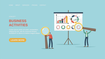 Vector illustration for website or web page, banner with men with magnifying glasses near board with graphs. Business activities, 
accounting for investment portfolio, analyzing income and expenses. - obrazy, fototapety, plakaty