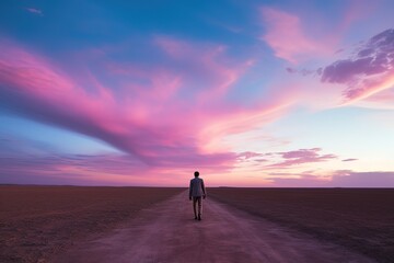Fototapeta na wymiar a man walking alone on a country road under gradient morning sky in pink blue hue, Generative Ai