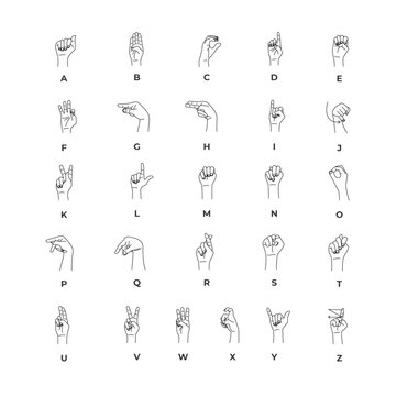 Hand sign language alphabet collection - vector line illustration