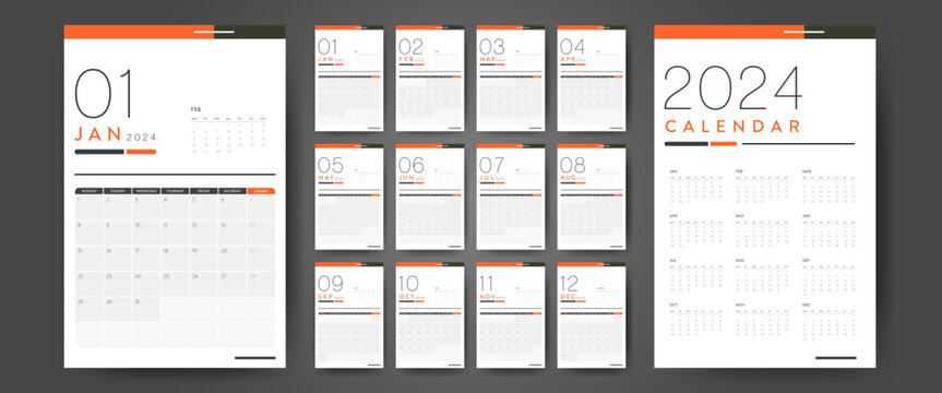 Creative minimal business monthly 2024 Calendar template vector. Desk, wall calendar for print, digital calendar or planner. Week start on Monday. Simple modern annual calendar layout design elements.