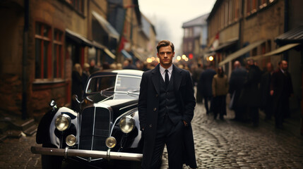 General German retro lifestyle. Young handsome man in a suit with a vintage car in the city.