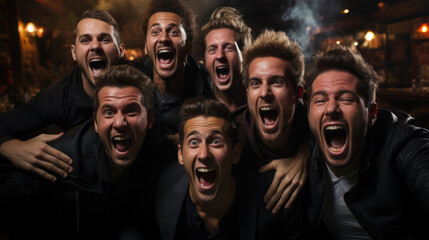 Group of men watching TV, screaming and having fun at night club.