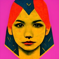 woman face in a neo pop art style a collage of a girl with geometrical and sacred geometry tattoos on her chest colors pop art surreal woman face young girl photorealistic photography style with  - obrazy, fototapety, plakaty