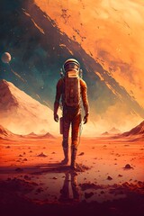 astronaut walking on surface vast desert landscape of mars galaxies oil  - obrazy, fototapety, plakaty