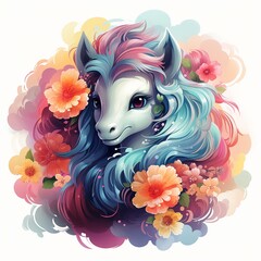 Horse in Flowers. Watercolor. AI