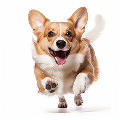 Funny active pet. Cute Corgi dog isolated on white background