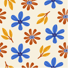 Abstract seamless pattern with bright plants and flowers on a beige background. Vector pattern for various surface. Blossom floral seamless print. Colorful stylish floral.