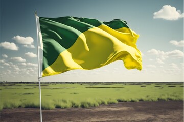 Flag with yellow top half and green bottom half waving in the wind Dutch landscape extremely detailed photography extra details hyper real panorama ray tracing depth of field F28 high detail 3D  - obrazy, fototapety, plakaty