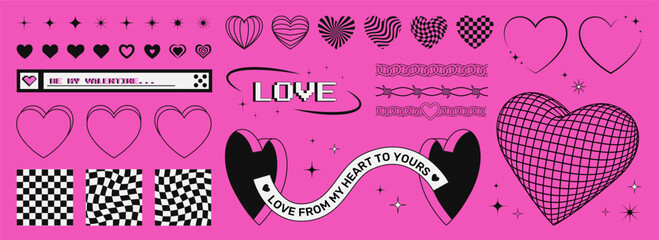 Set of trendy Valentine's Day Y2K graphic shapes on a pink acid background, hearts and stars symbols, frames, chessboards, 3d heart and gates. Vector art.