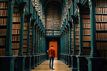 Fototapeta premium Rear view of man standing in big library