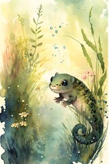 Cute salamander playing in a springtime swamp lily pads weeping willow wildflowers watercolor wash pastel colors happy  - obrazy, fototapety, plakaty