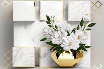 Elegance 3D Marble Texture Ceramic Seamless Pattern Gold and White Geometric Squares with Floral Ornament and Vibrant Flowers. 3D Abstraction Wallpaper for Interior Mural Wall art Decor. 