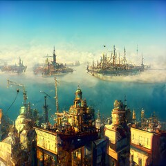 steam punk city clear sky blue sea high detail 4k shipyard  - obrazy, fototapety, plakaty