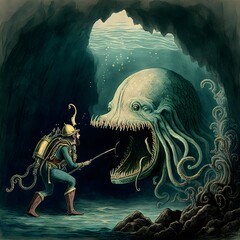 19th century drawing of a helmet diver vivid lucid fantastic underwater scene mouth of a cave with a massive tentacled presence beast sea creatures  - obrazy, fototapety, plakaty