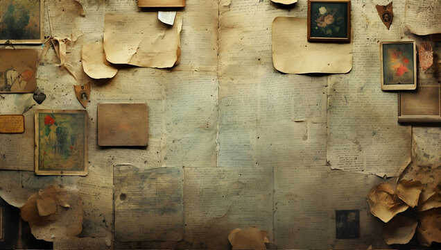 Vintage detective board or wall with clues and sticky papers , investigation detective agency concept background