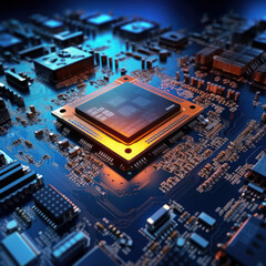 Glowing modern processor. Big illuminated graphic processor surrounding by other electrical components
