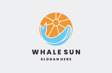 whale sun humpback logo vector illustration design, whale fish line art logo design