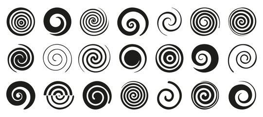 Funnel or swirl icons. Black vortex logo. Set of spiral element. Funnel icon collection - obrazy, fototapety, plakaty