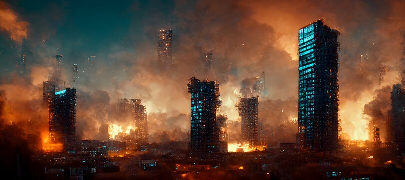 wide angle cyberpunk rgsved highrise buildings as seen from out a window distant fires high resolution with extreme detail and no depth of field photo real octane 8k render 