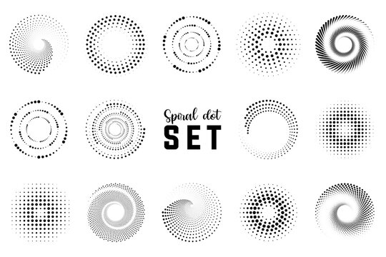 Spiral halftone dot element collection. Black spiral decoration. Circle spiral texture