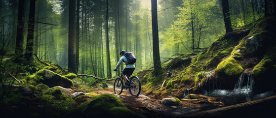 Mountain biker riding on bike in spring inspirational forest landscape. Man cycling MTB on enduro trail track. Sport fitness motivation and inspiration