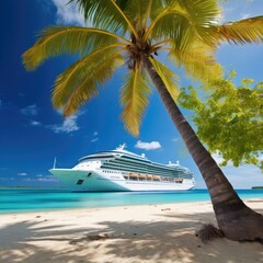 Cruise and beach with palm tree. Tropical Beach Vacation