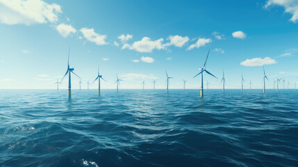 Ocean Wind Farm. Windmill farm in the ocean. Offshore wind turbines in the sea. Wind turbine from aerial view - obrazy, fototapety, plakaty