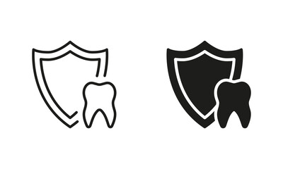 Medical Oral Care Silhouette and Line Icon Set. Dental Insurance Pictogram. Teeth Protection and Hygiene. Tooth Defense, Dental Treatment Black Symbol Collection. Isolated Vector Illustration