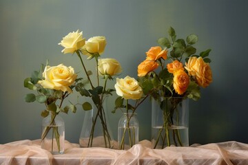 four bouquets with yellow roses on a see-through backdrop. Generative AI - obrazy, fototapety, plakaty