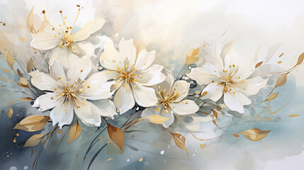 a painting of white flowers on a blue background.   Watercolor Painting of a Snow color flower, Perfect for Wall Art.