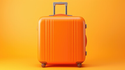 Stylish bright suitcase on orange background