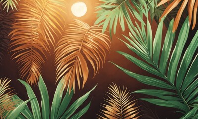  Tropical background with colorful textured palm leaves. Seamless pattern. Hand-drawn premium vintage 3d illustration. Good for luxury wallpapers, fabric printing, mural, cloth, poster, Generative AI